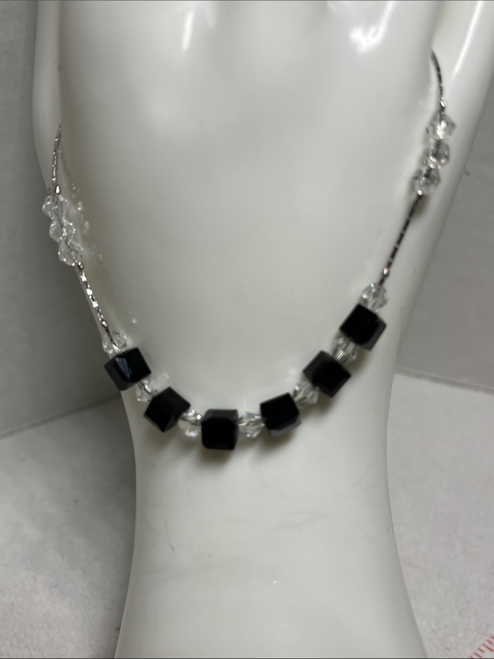 Elegant Silver Ankle Bracelet with Black and Crystal Beads